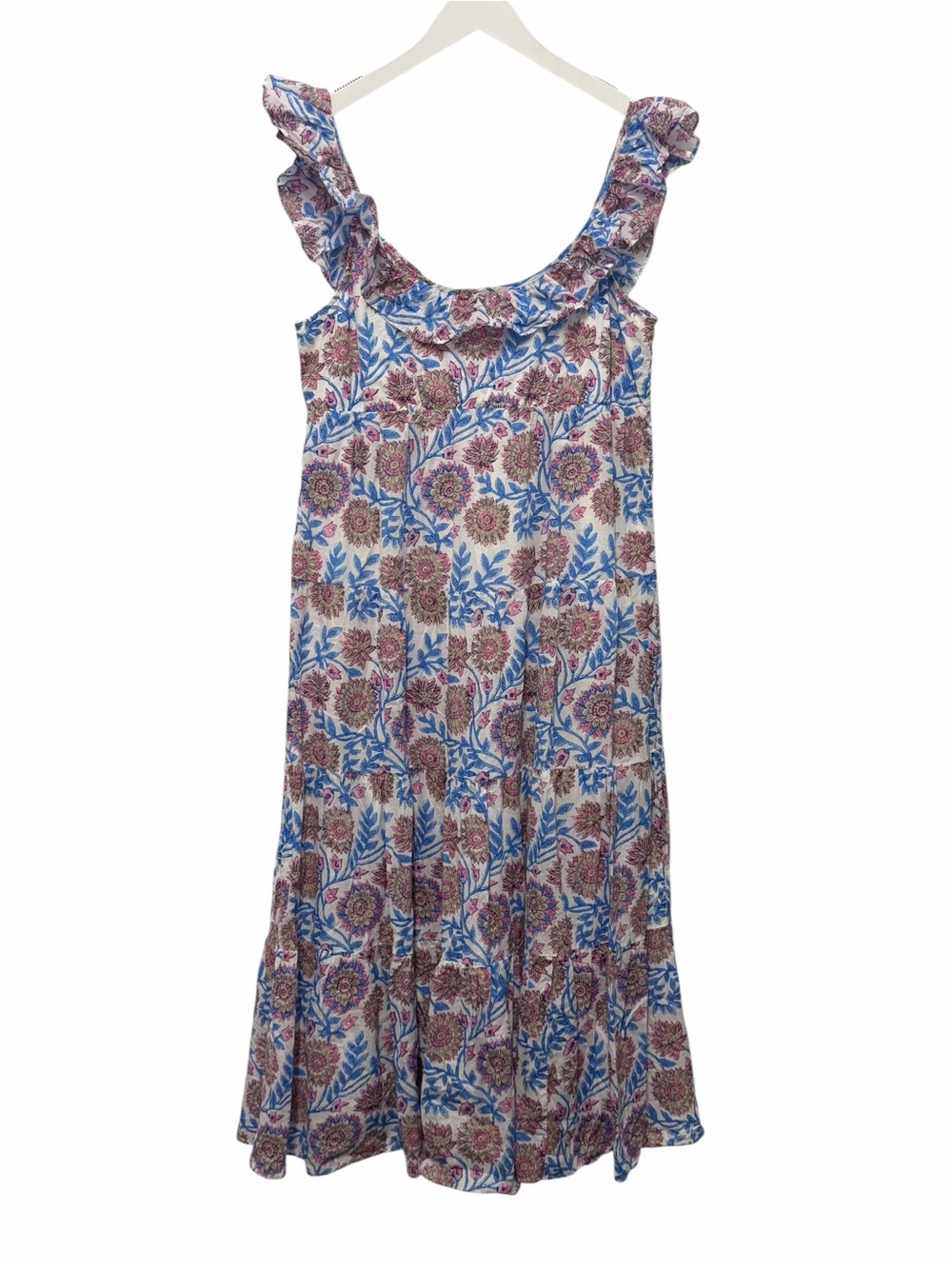 J.Crew Block Print Floral Midi Dress Large Ruffle Strap Cottagecore Boho - Picture 2 of 5